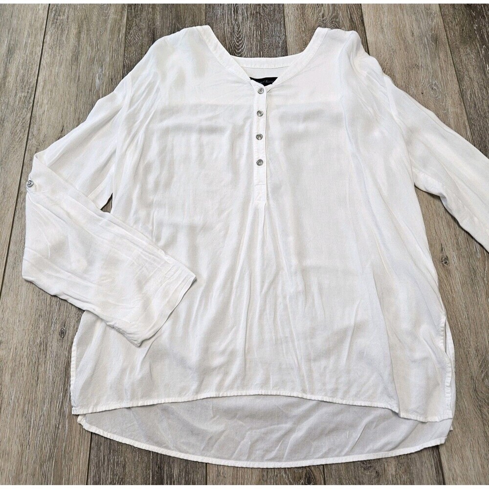 Kare Kane White Blouse Button Up Woven V Neck Long Sleeve Womens Medium Made USA